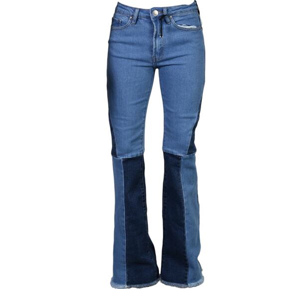 Almost Famous Patchwork Flare Jeans Blue Patched High Rise Wide Retro 70s Size 0 - Picture 1 of 12